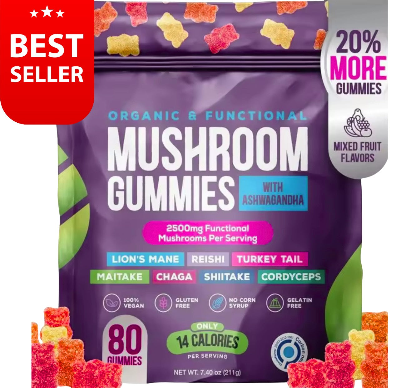 MUSHROOM & ASHWAGANDHA GUMMIES – Vitalité, sérénité & glow intérieur (80 pièces)
