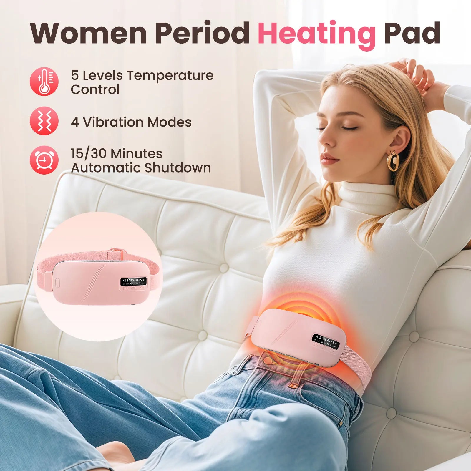 Ceinture Chauffante Menstruelle Rechargeable – Soulagement des Règles, Crampes & Douleurs Abdominales | 5 Niveaux de Température + Massage Vibrant