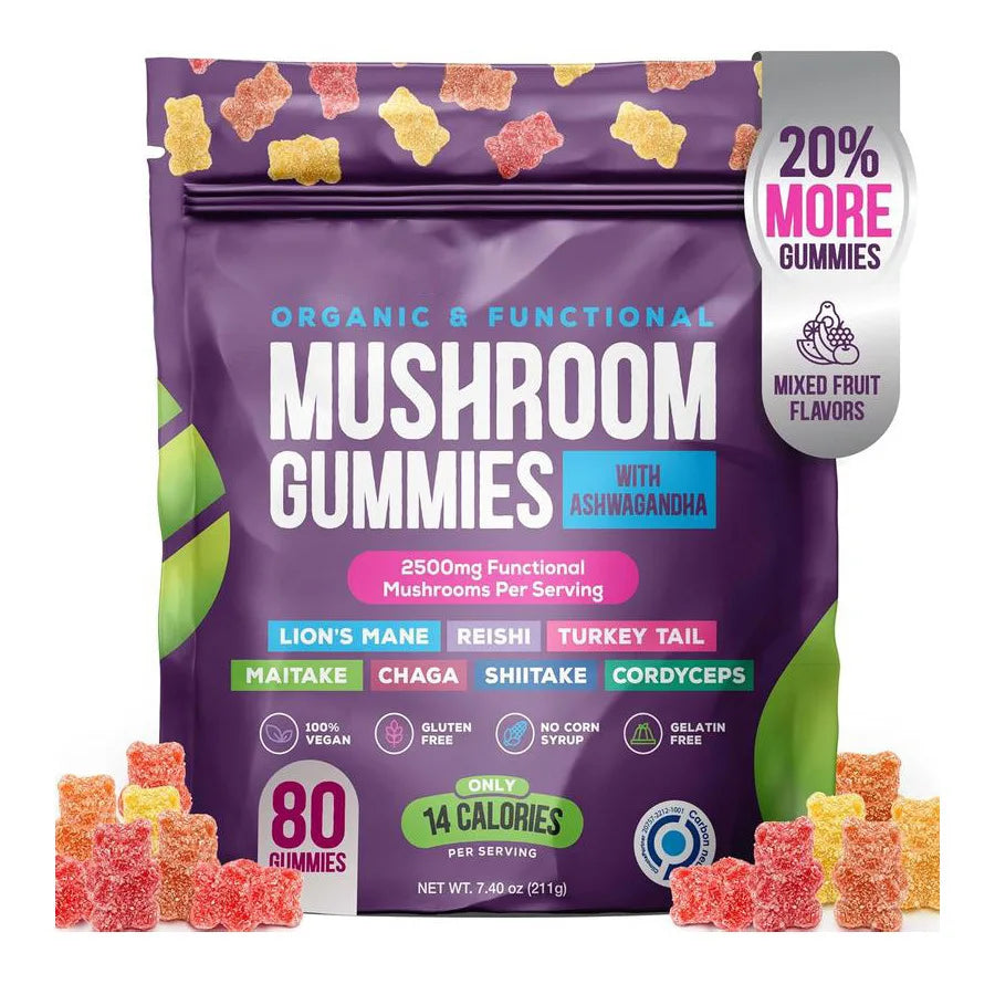MUSHROOM & ASHWAGANDHA GUMMIES – Vitalité, sérénité & glow intérieur (80 pièces)